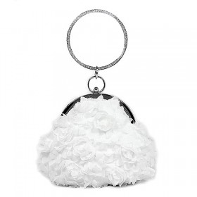 Evening Bag - 12 PCS - Chiffon Rosettes w/ Rhinestone Ring Wristlet - White - BG-100187W